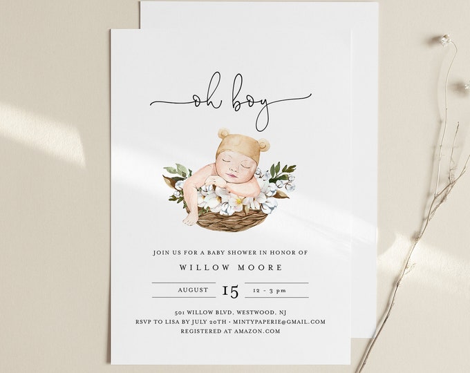 Baby Boy Shower Invitation Template, Oh Boy, 100% Editable Text, Instant Download, Templett #0005-178BA