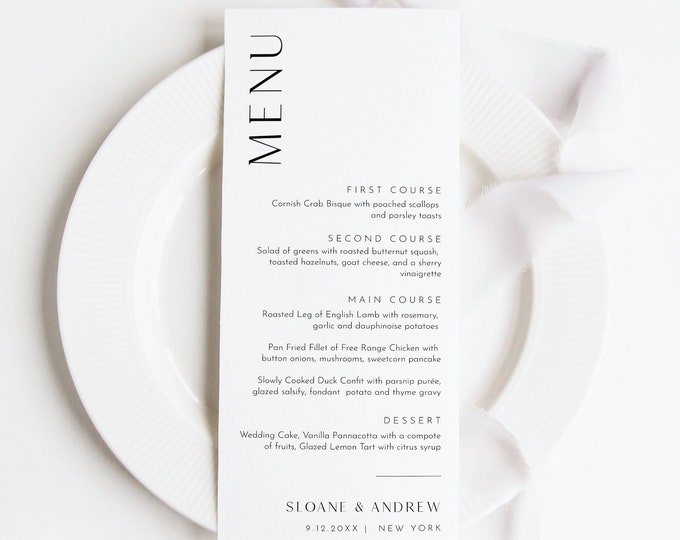 Minimalist Menu Template, Printable Modern & Simple Wedding Dinner Menu Card, 100% Editable, INSTANT DOWNLOAD, Templett #0026B-210WM