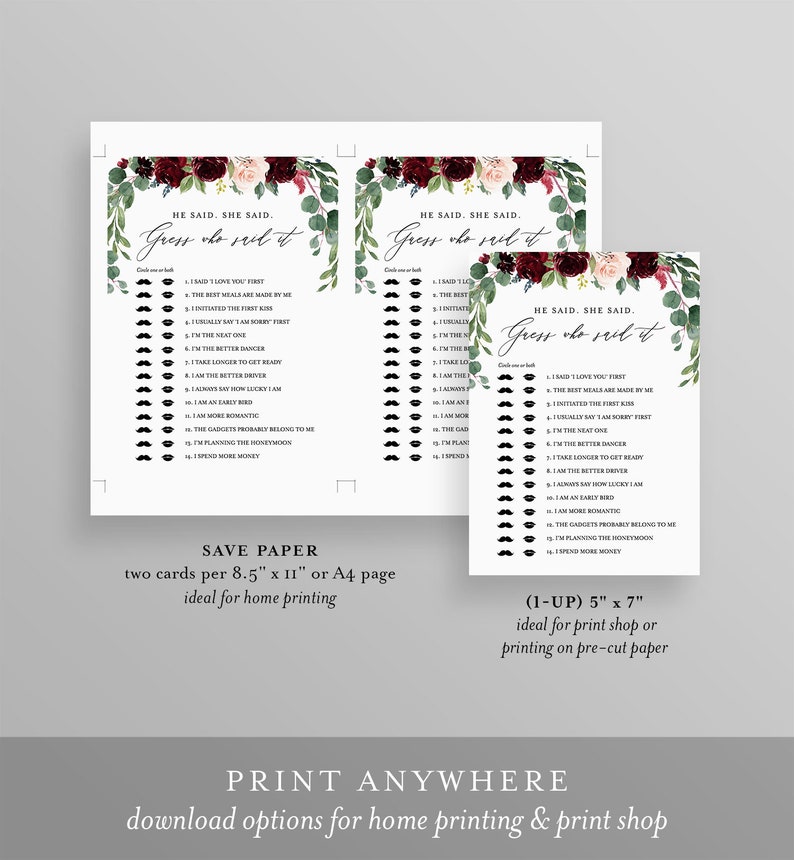 He Said She Said, Guess Who Said It, Editable Bridal Shower Game, Wedding Shower DIY Game, INSTANT DOWNLOAD, Personalize Question #062-128BG image 3