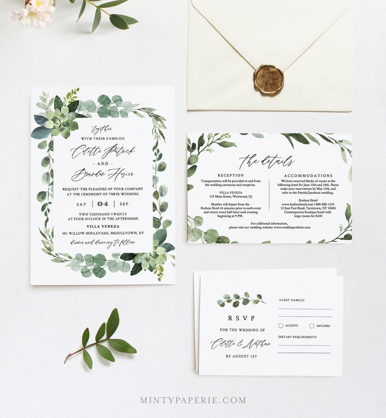 Greenery Wedding Invitation Template, Self-Editing Invite, RSVP and Details, 100% Editable Text, Printable, INSTANT DOWNLOAD, Templett 082A image 1