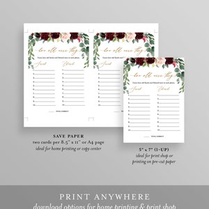May include: Two printable game cards with a floral design in shades of burgundy, pink, and green. The cards feature the text "How old were they?" and a game to guess the ages of people in photos. The cards are 8.5 inches by 11 inches and 5 inches by 7 inches.