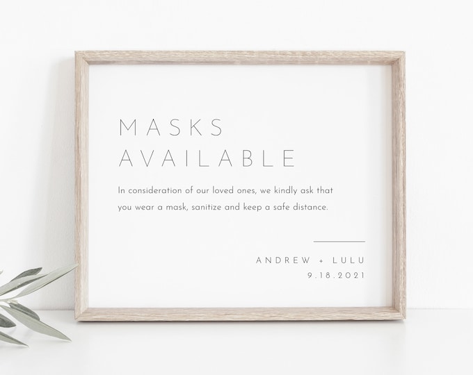 Minimalist Masks Available Sign, Social Distance, Covid Wedding, Bridal Shower, Baby Shower, Hand Sanitizer, Instant Download #094-13S