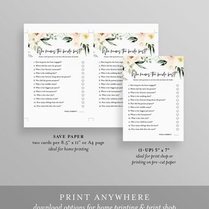 May include: Two printable game cards with a floral design. The cards feature the text "Who knows the bride best?" and a list of questions about the bride. The cards are designed for a bridal shower or wedding.