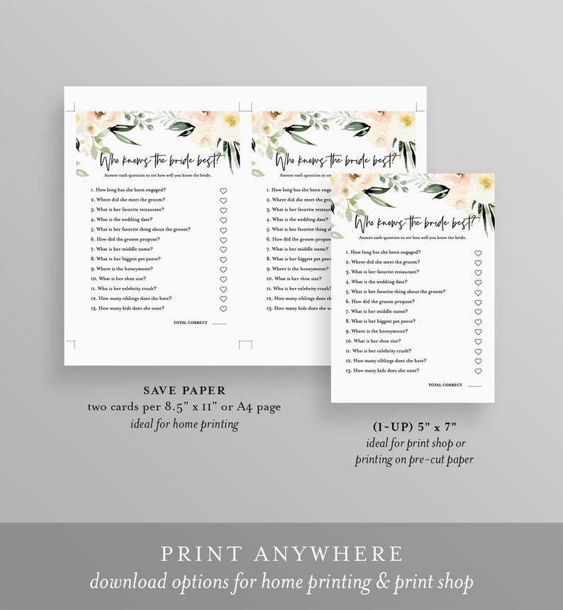 May include: Two printable game cards with a floral design. The cards feature the text "Who knows the bride best?" and a list of questions about the bride. The cards are designed for a bridal shower or wedding.