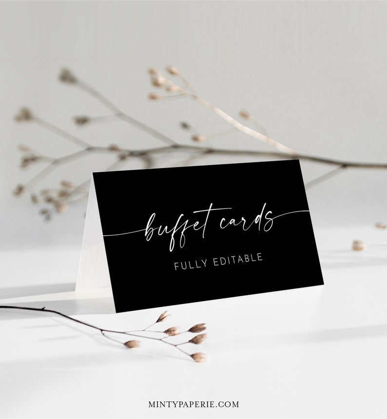 Script Text Buffet Buffet Card Template, Food Label, Classic Black Wedding Buffet ...