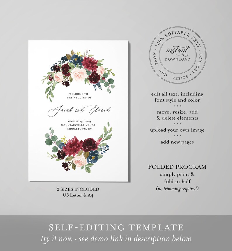May include: A printable wedding program template with a floral wreath design in shades of burgundy, blush pink, and navy blue. The text reads "Welcome to the wedding of Jurb ul Eboul" and includes the date and location of the wedding. The template is fully editable and includes two sizes: US Letter and A4.