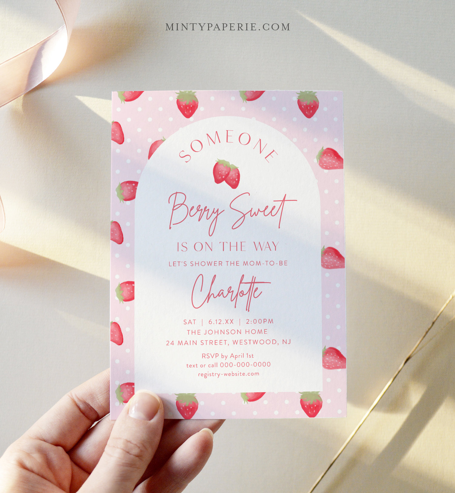 Editable Strawberry Baby Shower Invitation Berry Sweet Baby 