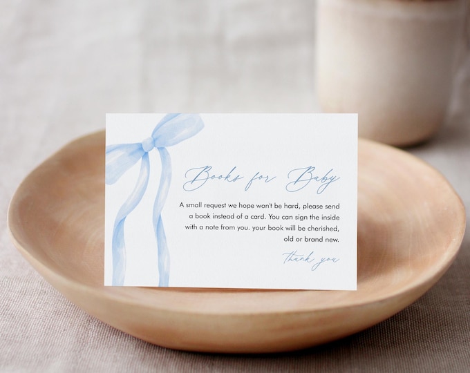 Blue Bow Books for Baby Card, Book Request, Coquette Bow Boy Baby Shower Invitation Book Insert, Editable Text, Templett #0057-177BFB