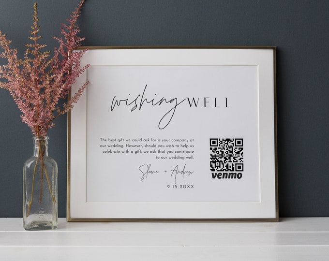 Wishing Well Sign, Honeymoon Fund Card, QR Wedding Fund Insert, Venmo Wedding Cash Gift, Editable Template, Instant, Templett #0026-40S