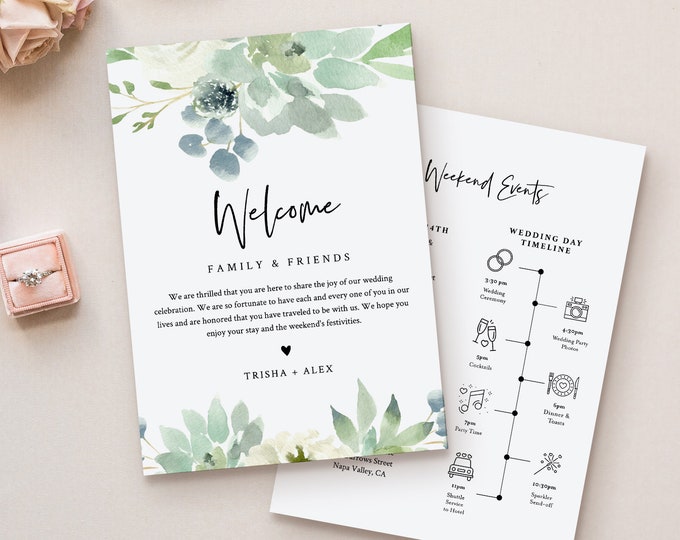 Succulent Welcome Letter & Timeline Template, Wedding Order of Events, Editable Welcome Bag Note and Itinerary, INSTANT DOWNLOAD #075-124WB