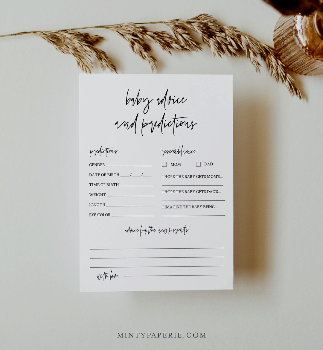 Baby Predictions &amp; Advice Card, Printable Minimalist Baby Shower Game ...