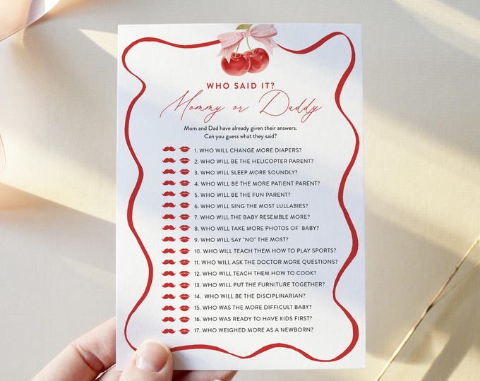 Who Said It, Mommy or Daddy Game, Coquette Cherry Baby Shower, Bow, Cherry on Top, Editable Template, Instant Download, Templett #0056-28BAG