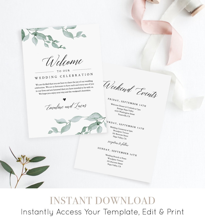 Welcome Letter and Itinerary, Wedding Agenda, Timeline of Events, Printable Welcome Bag Note, Fully Editable, INSTANT DOWNLOAD 019-109WB image 1