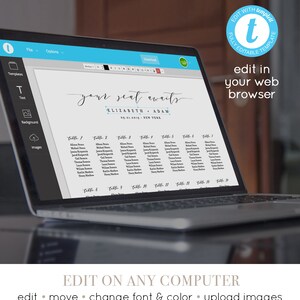 May include: A laptop screen displaying a wedding seating chart template with the text "your seat awaits" and the names "Elizabeth & Adam" with the date "09.31.2015" and the location "New York". The template is fully editable and can be edited in a web browser.
