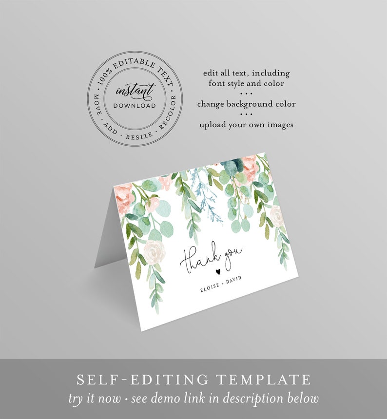 Lush Garden Thank You Card, Greenery Wedding / Bridal Shower, Editable Template, Flat and Folded, Instant Download, Templett #068A-155TYC image 5