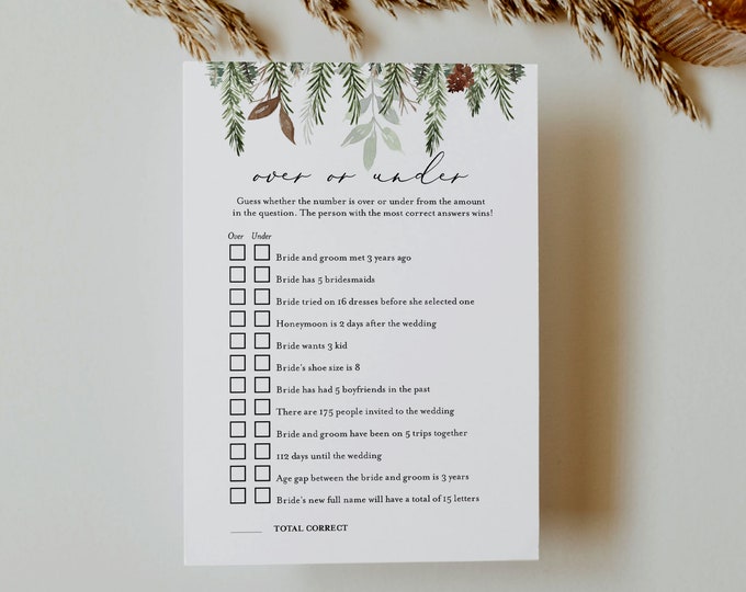 Over or Under Bridal Shower Game, Printable Winter Pine Couples Shower Game, Editable Template, Instant Download, Templett #0017-342BG