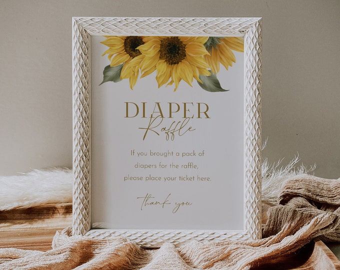 Sunflower Baby Diaper Raffle Game, Boho Summer Baby Shower Game, Raffle Ticket Insert and Sign, Editable Template, Instant #047-104DR