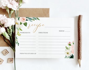 Recipe Card Printable, Instant Download, 100% Editable Template, Bridal Shower Recipe Insert, Floral Greenery, DIY, Templett #043-103RC