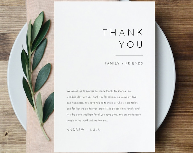 Minimalist Thank You Letter, Modern Napkin Note, Printable Menu Thank You, Editable Template, Instant Download, Templett 4x6 #094-139TYN