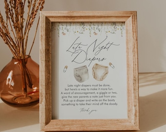 Late Night Diapers Sign, Wildflower Baby Shower Game, Diaper Notes, Gender Neutral, Editable Template, Instant, Templett #0066-21BAG