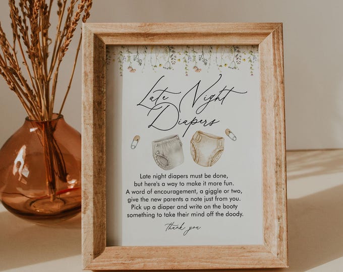 Late Night Diapers Sign, Wildflower Baby Shower Game, Diaper Notes, Gender Neutral, Editable Template, Instant, Templett #0066-21BAG