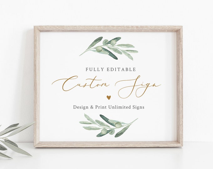 Custom Sign Template, Wedding or Bridal Shower Table Sign, Olive Greenery, Create Any Sign, Unlimited, INSTANT DOWNLOAD, Templett #081-133CS