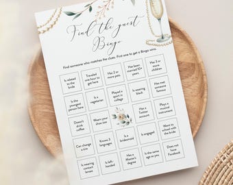 Find the Guest Bingo Game, Pearls and Prosecco Bridal Shower Bingo, Social Game, Printable, Editable Template, Templett #0065-02BRG