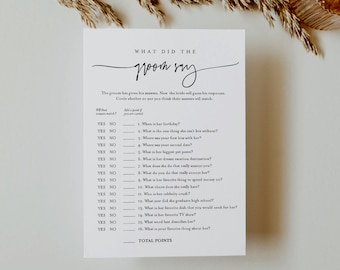 What Did the Groom Say, Minimalist Bridal Shower Game, Printable Bridal Game, Editable Template, Instant Download, Templett 5x7 #0009-354BG