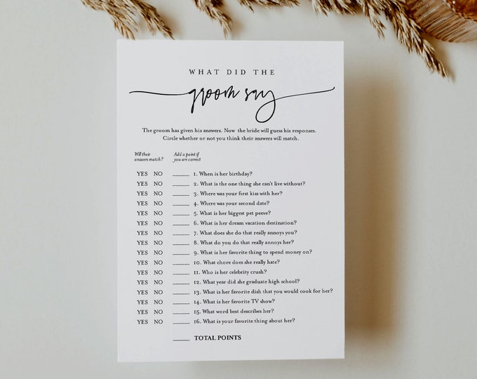 What Did the Groom Say, Minimalist Bridal Shower Game, Printable Bridal Game, Editable Template, Instant Download, Templett 5x7 #0009-354BG