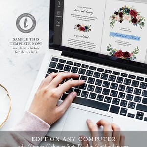 May include: A laptop computer with a wedding invitation template open on the screen. The template features a floral design with burgundy, navy blue, and blush pink flowers. The text on the invitation reads "Please join us for love and brunch".