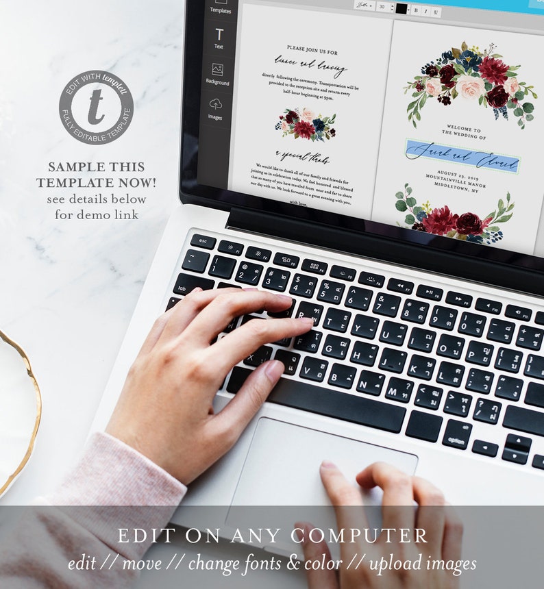 May include: A laptop computer with a wedding invitation template open on the screen. The template features a floral design with burgundy, navy blue, and blush pink flowers. The text on the invitation reads "Please join us for love and brunch".
