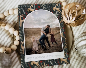 Photo Holiday Card Template, Modern Reindeer Christmas Card, Greenery, Editable, Add Your Photo, Instant Download, Templett, 5x7 #143HP