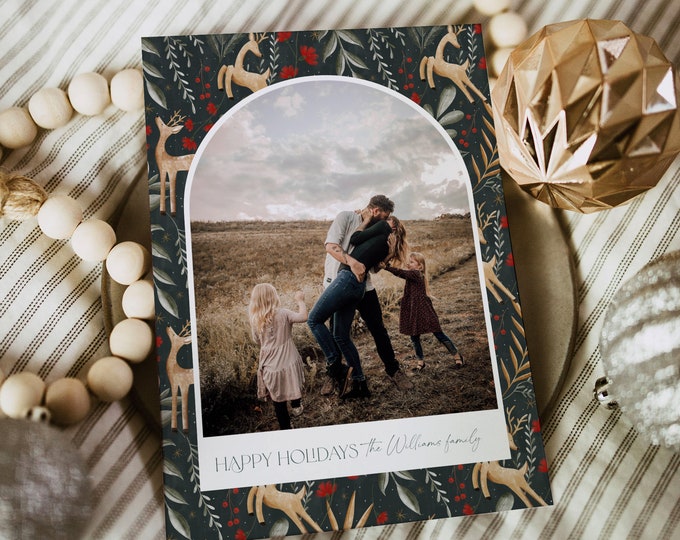 Photo Holiday Card Template, Modern Reindeer Christmas Card, Greenery, Editable, Add Your Photo, Instant Download, Templett, 5x7 #143HP