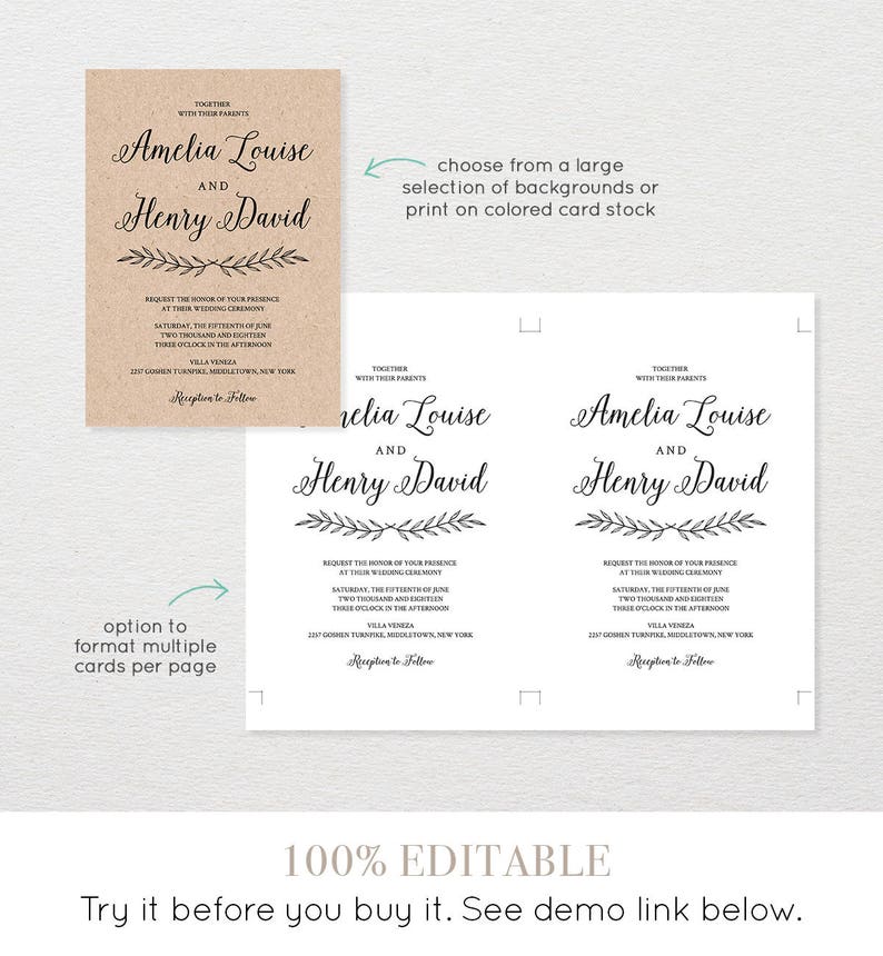 Wedding Invitation Set, Pocket Fold, Printable Calligraphy Invite & Enclosure Cards, Instant Download, 100% Editable Template, Templett 012 image 3