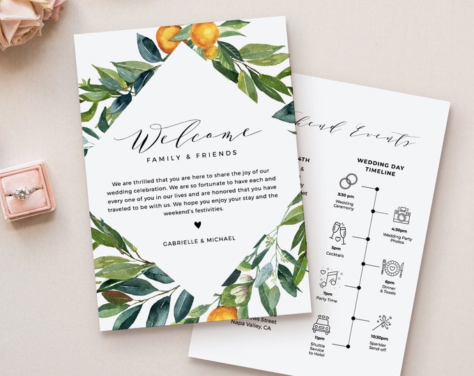 Welcome Letter & Itinerary Template, Citrus Orange Wedding Order of Events, Welcome Bag Timeline, INSTANT DOWNLOAD, Editable Text #084-129WB