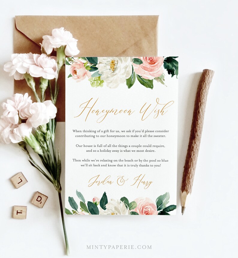 Honeymoon Wish Printable, INSTANT DOWNLOAD, Self-Editing Template, 100% Editable, Honeymoon Fund Card, Blush Florals & Greenery #043-114EC image 1