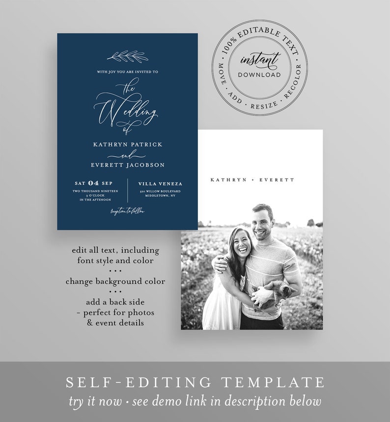 Minimalist Wedding Invitation Set Template, INSTANT DOWNLOAD, 100% Editable, Calligraphy Invite, RSVP & Detail, Printable, Templett 003A image 4