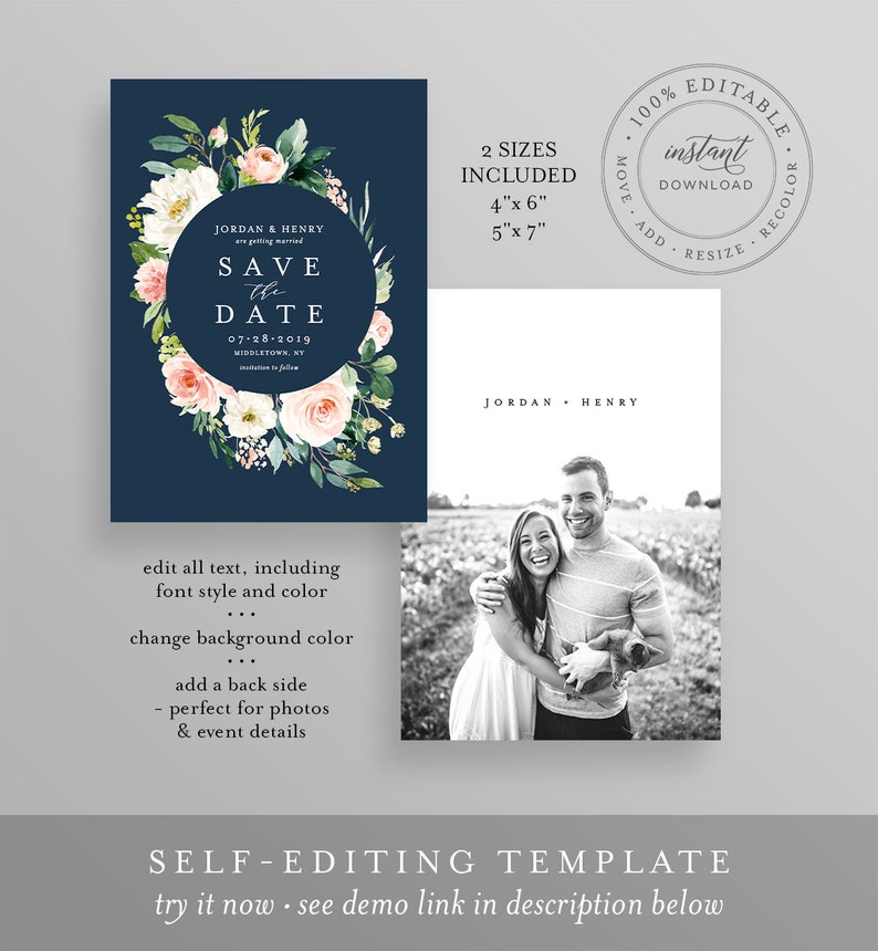 Selfediting Save the Date Template Printable Floral Wedding Etsy