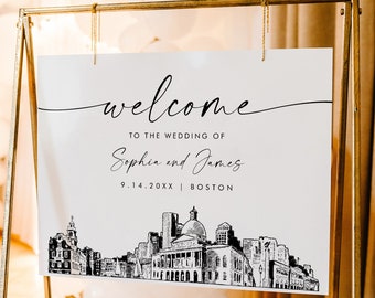 Boston Welcome Sign, Boston City Skyline Wedding Sign, Printable Instant Download, Editable Template, Templett, 18x24, 24x36 #0047-353LS