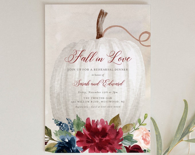 Fall Rehearsal Dinner Invitation Template, Printable Pumpkin Wedding Rehearsal Invite, Fall in Love, INSTANT DOWNLOAD, Templett #072A-147RD