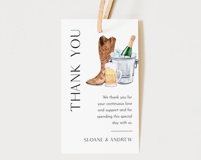 Boots, Brew and Bubbly Favor Tag for Bridal Shower or Wedding, Champagne and Beer Thank You Tag, Editable Text, Templett, 2x3.5 #0026F-210FT