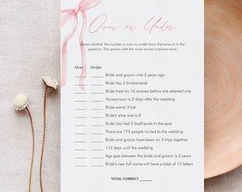 Over or Under Bridal Shower Game, Coquett Bow, Pink Ribbon, Wedding Shower, Editable Template, Instant Download, Templett #0057-10BRG