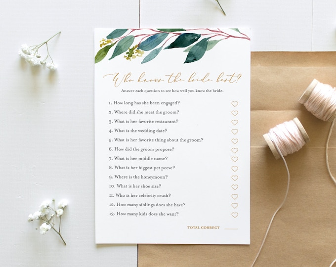 Who Knows the Bride Best, Winter Greenery Bridal Shower Game, How Well Do You Know the Bride, Instant Download, Templett #044-121BG