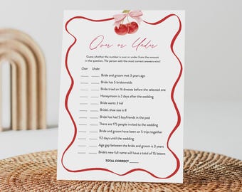 Cherry Over or Under Bridal Shower Game, Printable Coquette Bow Wedding Shower, Editable Template, Instant Download, Templett #0056-10BRG