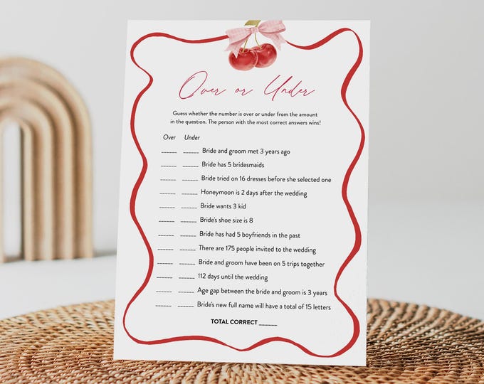 Cherry Over or Under Bridal Shower Game, Printable Coquette Bow Wedding Shower, Editable Template, Instant Download, Templett #0056-10BRG