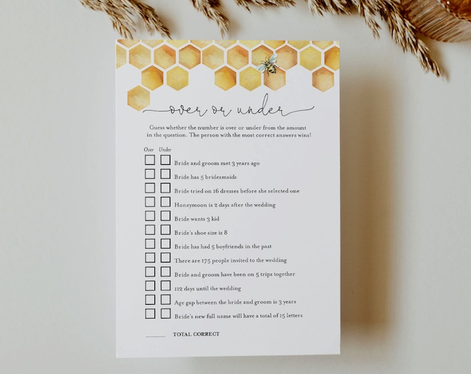 Over or Under Bridal Shower Game, Printable Honey Bee Bridal Shower Game, Editable Template, Instant Download, Templett #097-369BG