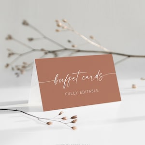 Buffetkaartsjabloon, Food Label, Boho Wedding Buffet Afdrukbaar, Terracotta, Instant Download, 100% bewerkbare tekst, Templett #0034T-111BC