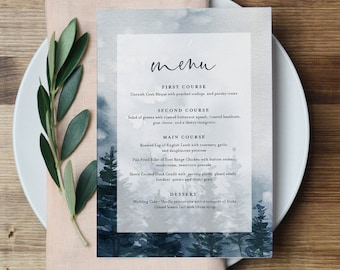 Winter Menu Template, Rustic Evergreen Wedding Menu Card, Printable Pine Tree Menu, INSTANT DOWNLOAD, Editable Text, Templett #070-164WM