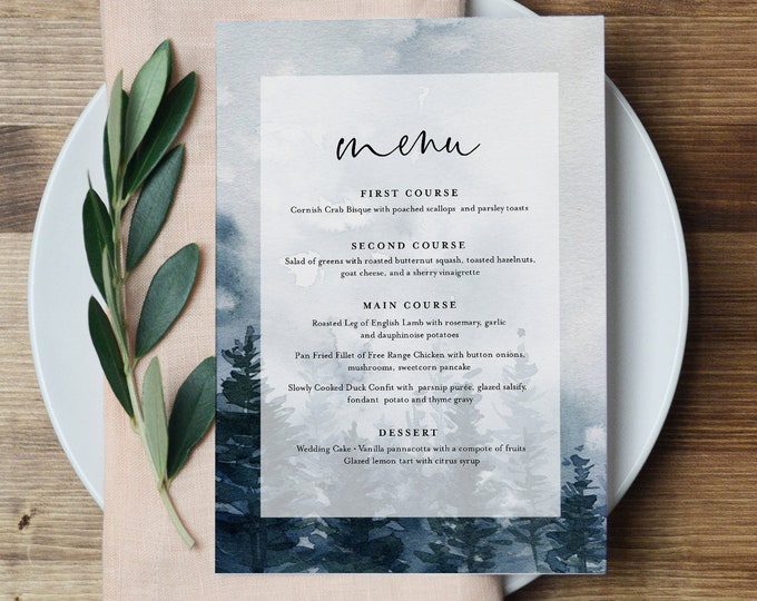 Winter Menu Template, Rustic Evergreen Wedding Menu Card, Printable Pine Tree Menu, INSTANT DOWNLOAD, Editable Text, Templett #070-164WM