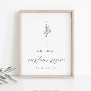 Pode incluir: Um modelo de sinal imprim&iacute;vel com uma ilustra&ccedil;&atilde;o floral simples e o texto "totalmente edit&aacute;vel sinal personalizado projetar e imprimir sinais ilimitados".